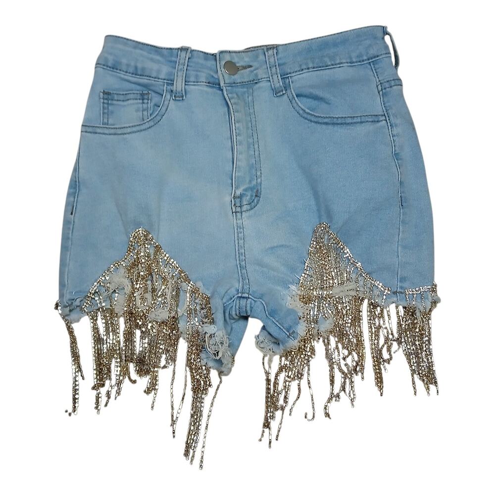 Shein Denim Shorts Women's Small Blue High‎ Rise Fringe Rhinestone Tassel Cutoff